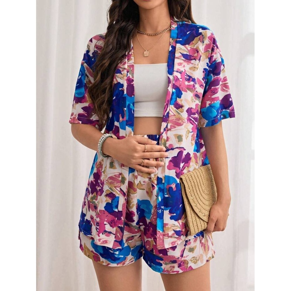 (B6) Shein Curve Floral Kimono Top Blue Purple Pink Plus Size 1XL‎ US 14/16 Open